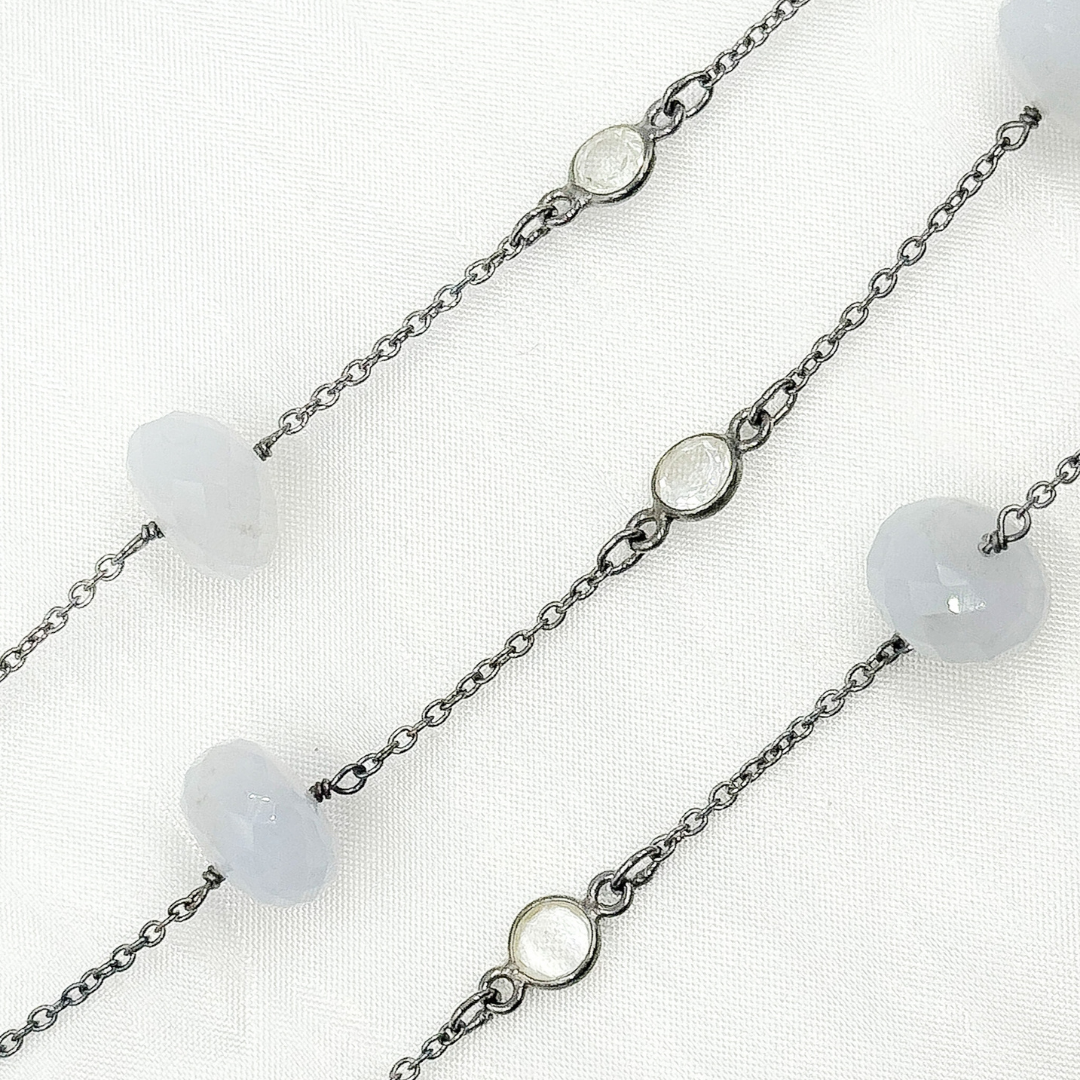 Natural Chalcedony & White Topaz Oxidized Connected Wire Chain.