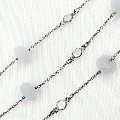 Natural Chalcedony & White Topaz Oxidized Connected Wire Chain.