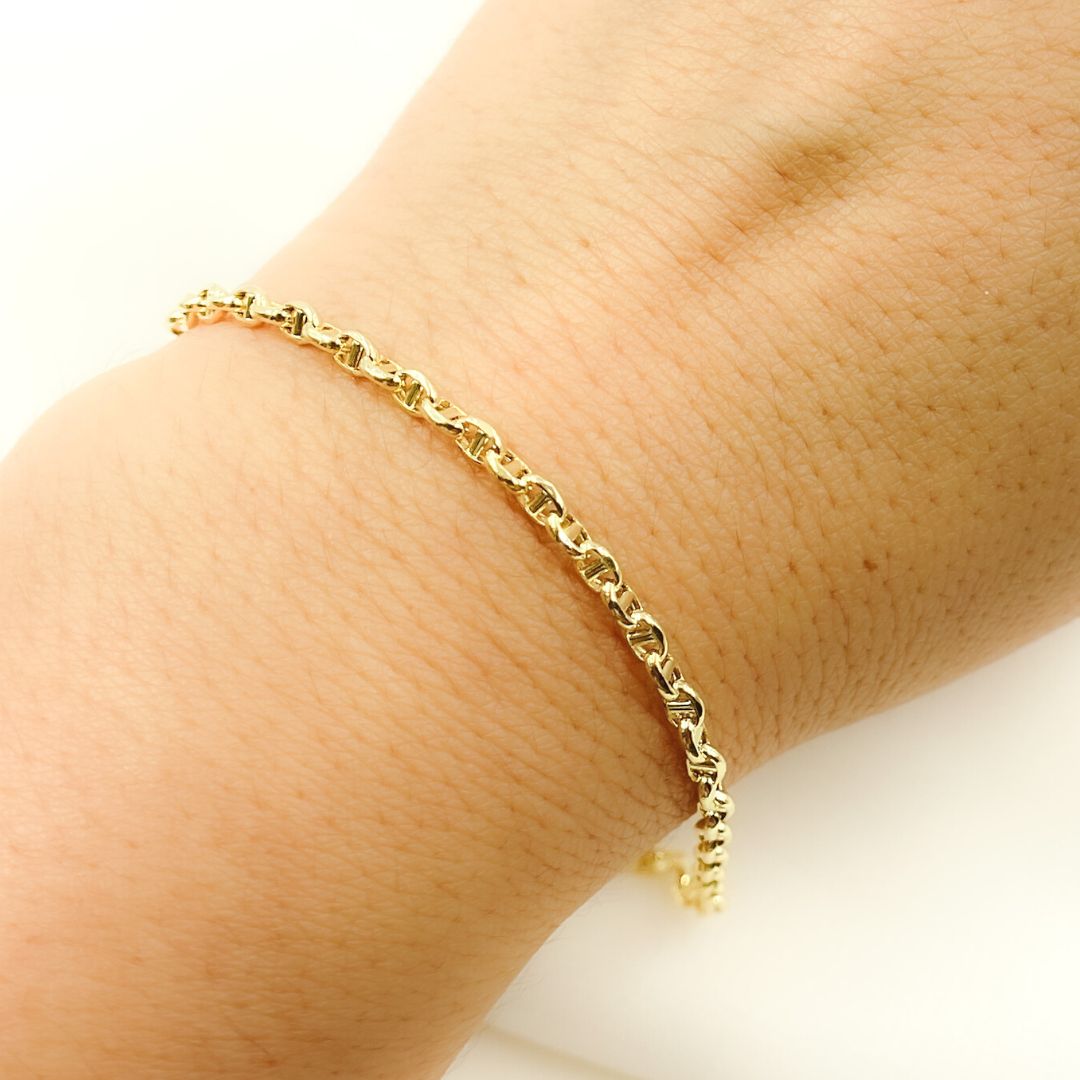 14K Solid Yellow Gold Diamond Cut Marina Link Bracelet