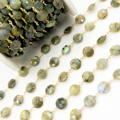 Labradorite Coin Shape Gold Plated 925 Sterling Silver Wire Chain.