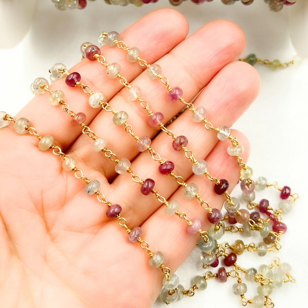Multi Sapphire Pink Smooth Gold Plated Wire Chain.