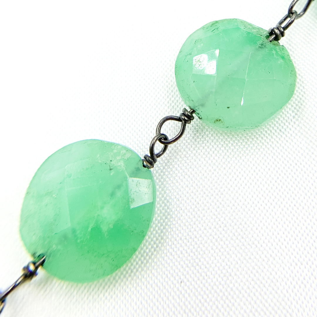 Chrysoprase Coin Shape Oxidized Wire Chain. CHR21