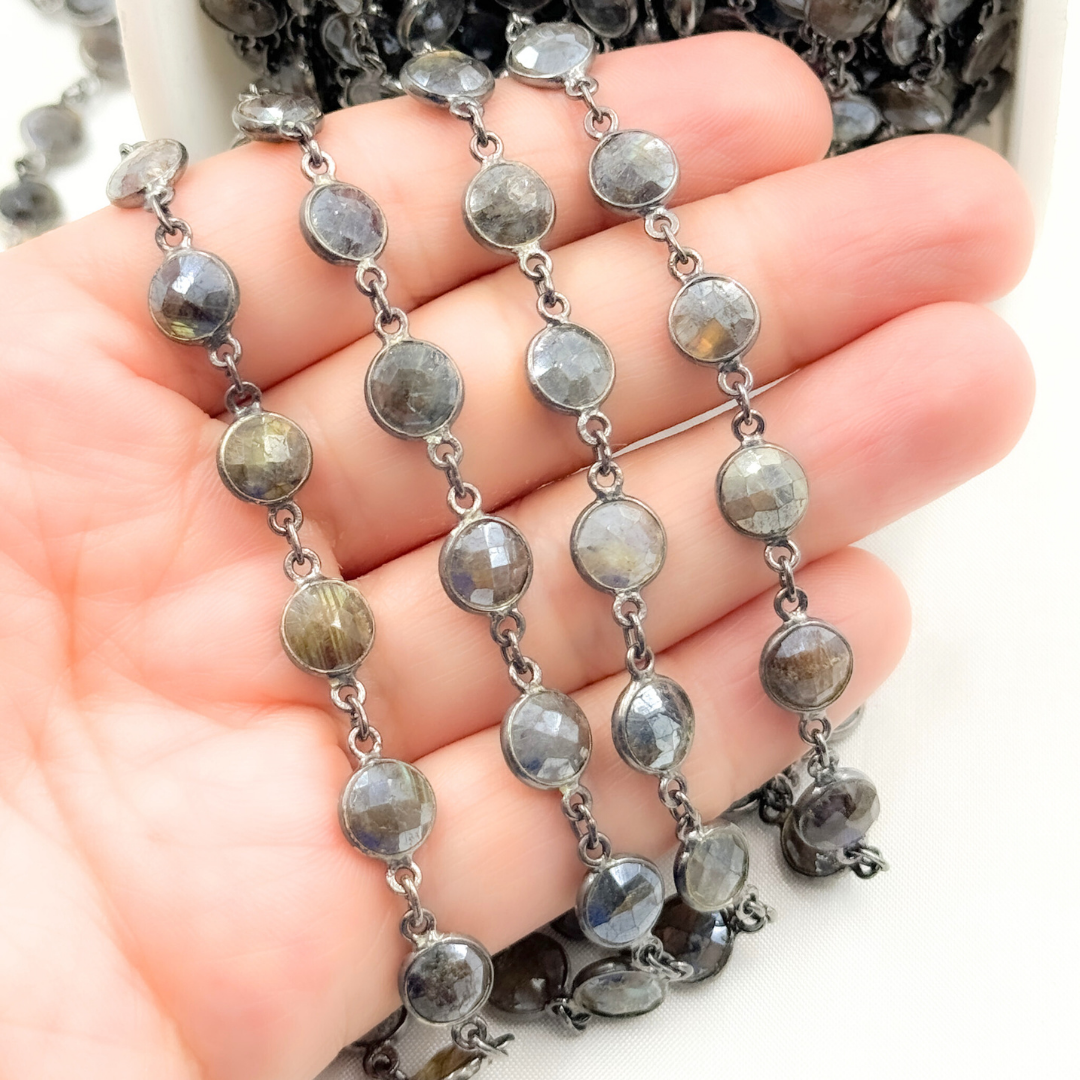 Coated Labradorite Round Shape Bezel Oxidized Wire Chain