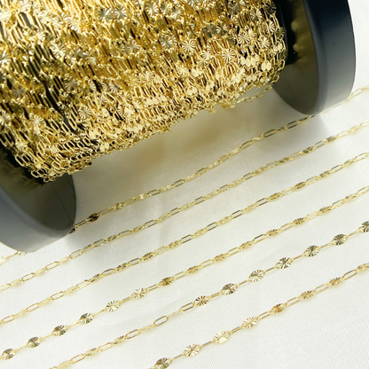 14k Solid Yellow Gold Oval Flat Link & Marina Diamond Cut Link Chain