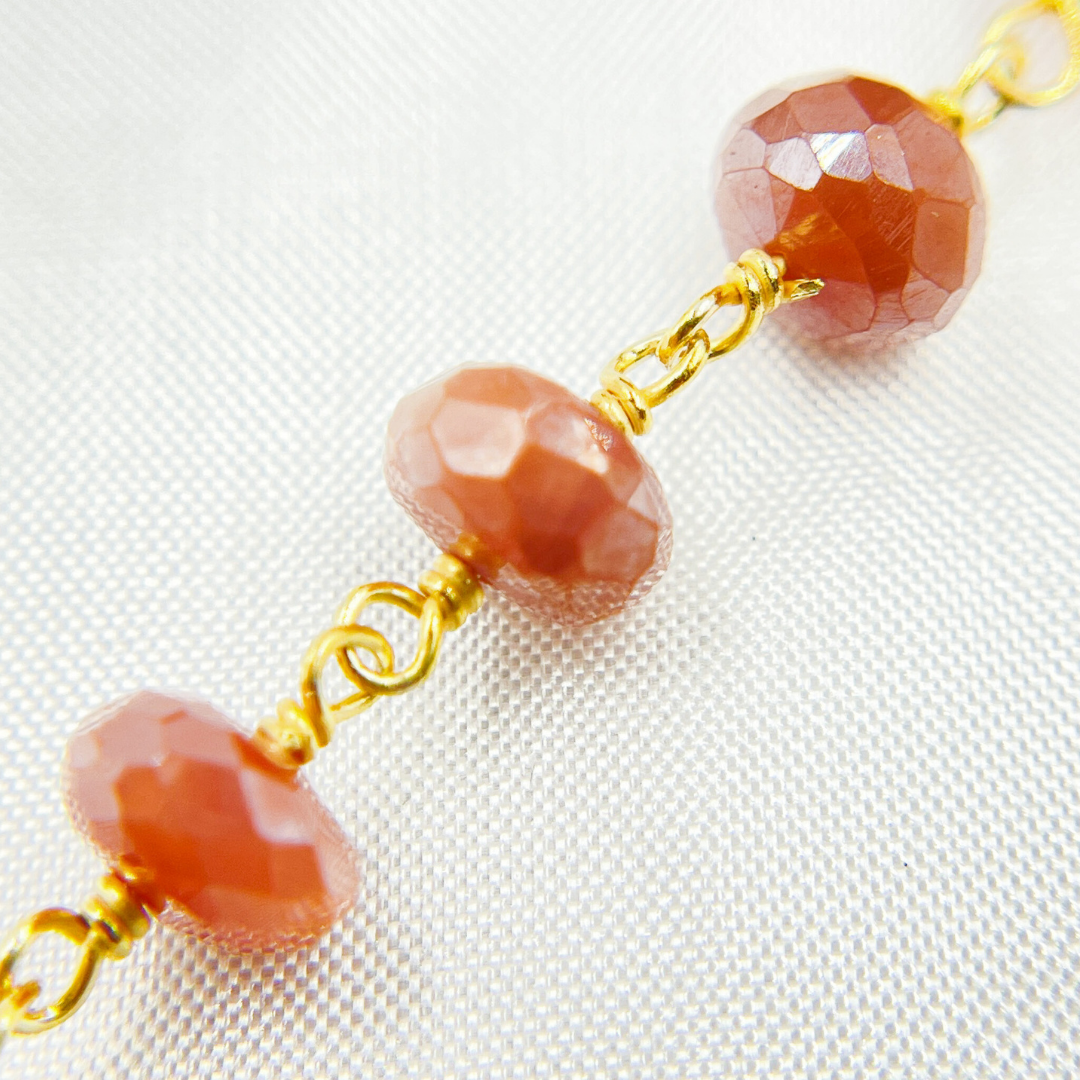 Coated Peach Moonstone Gold Plated Wire Chain.