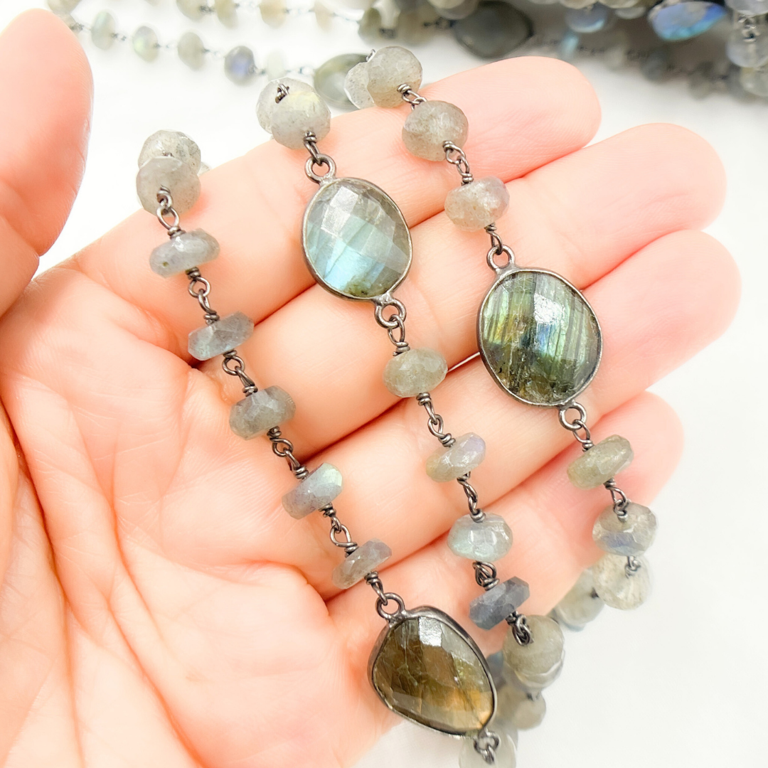 Coated Labradorite with Bezel Stone Oxidized Wire Chain. CLB30