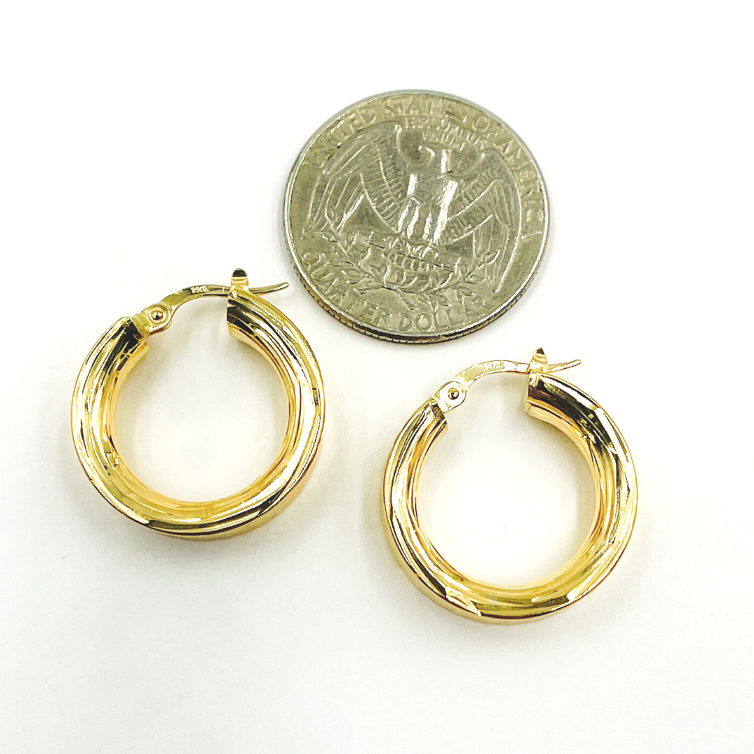 14K Solid Gold Flat Diamond Cut Hoop Earrings