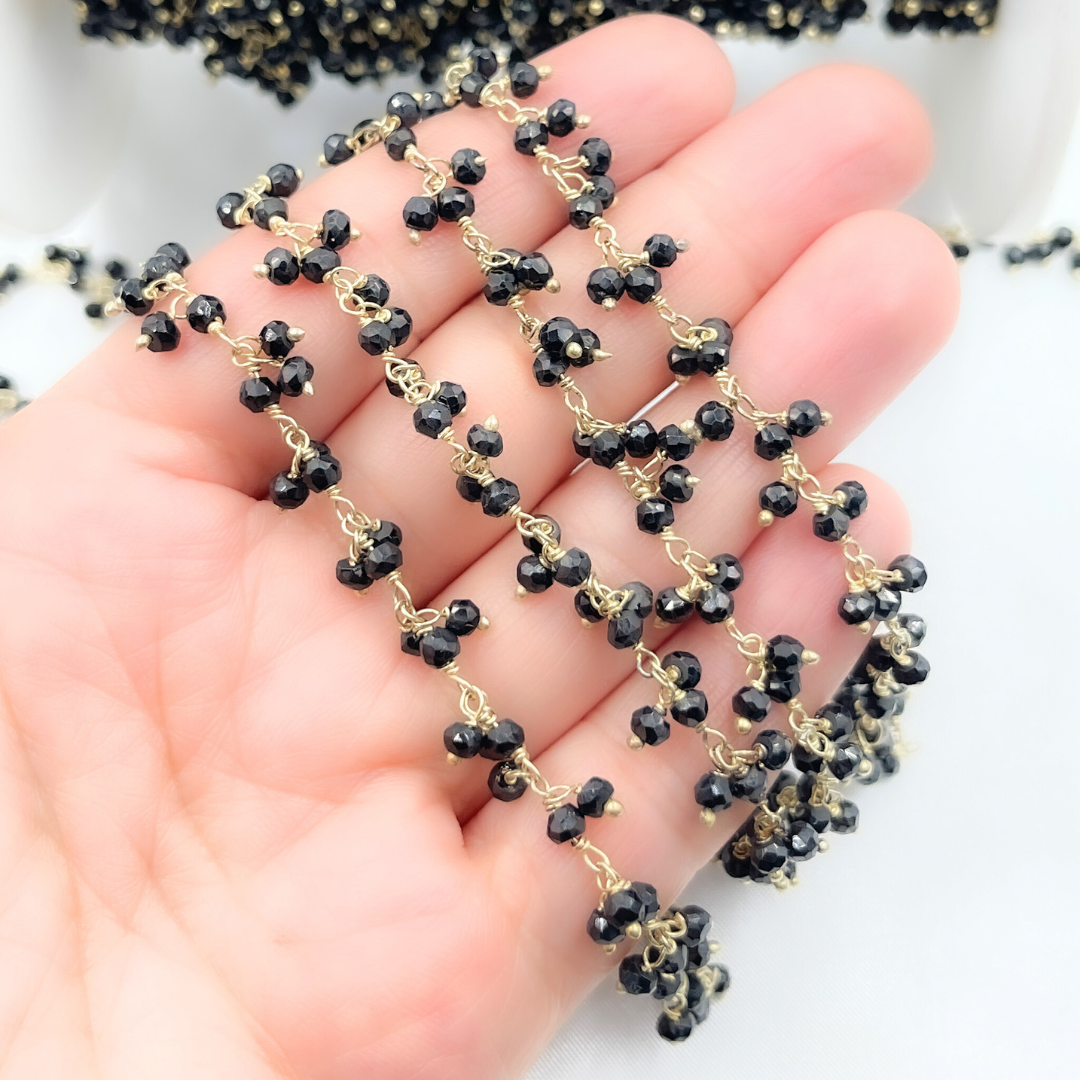 Black Spinel Cluster Dangle 3.5mm Gold Plated Wire Chain.
