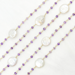 Load image into Gallery viewer, Amethyst &amp; Pearl Round Shape Bezel Gold Plated Wire Chain. AME32
