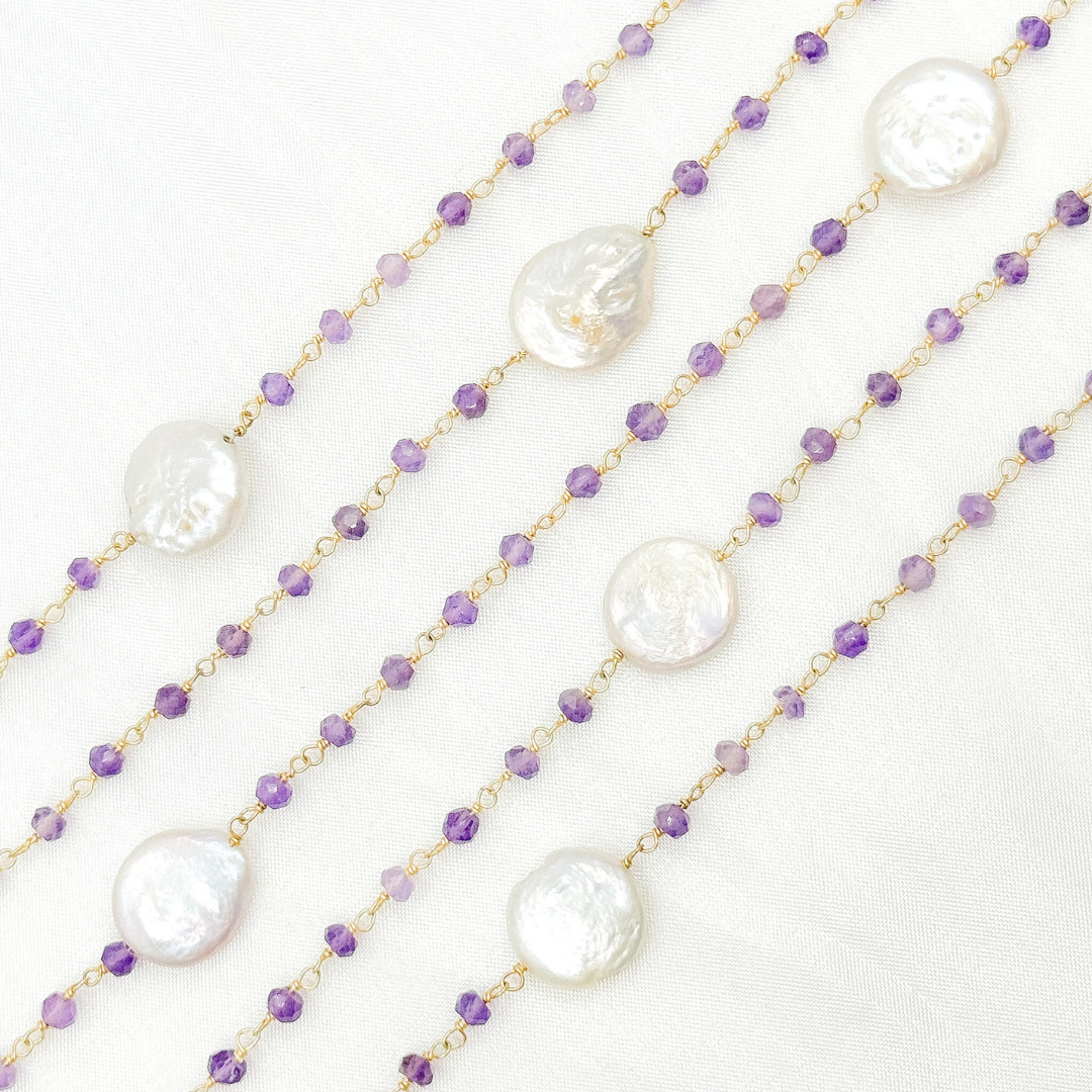 Amethyst & Pearl Round Shape Bezel Gold Plated Wire Chain.