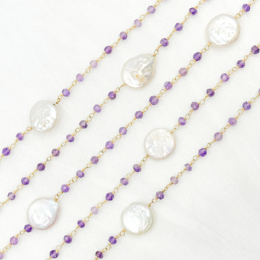 Amethyst & Pearl Round Shape Bezel Gold Plated Wire Chain.