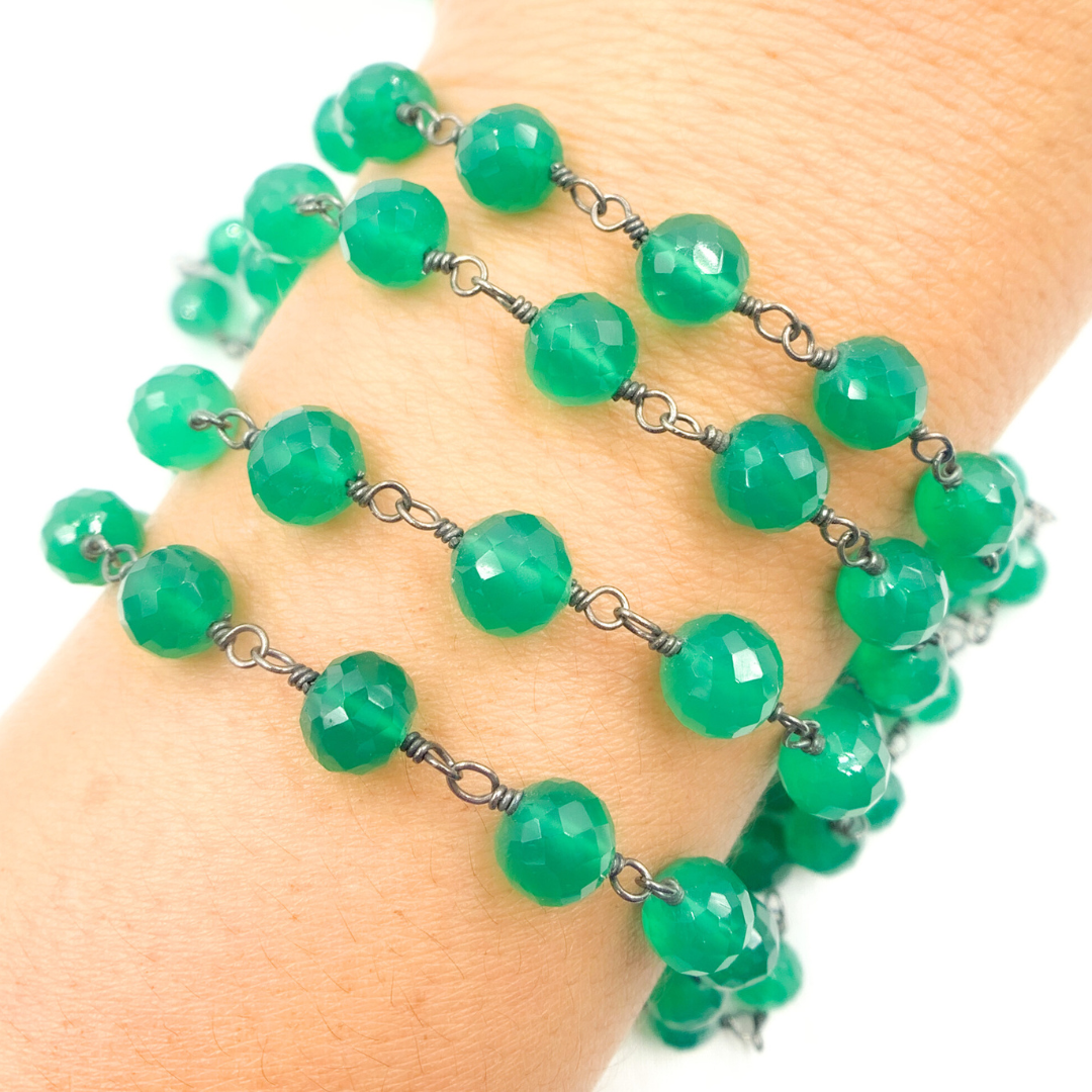 Green Onyx Rondel Faceted Shape Oxidized Wire Chain. GRE6