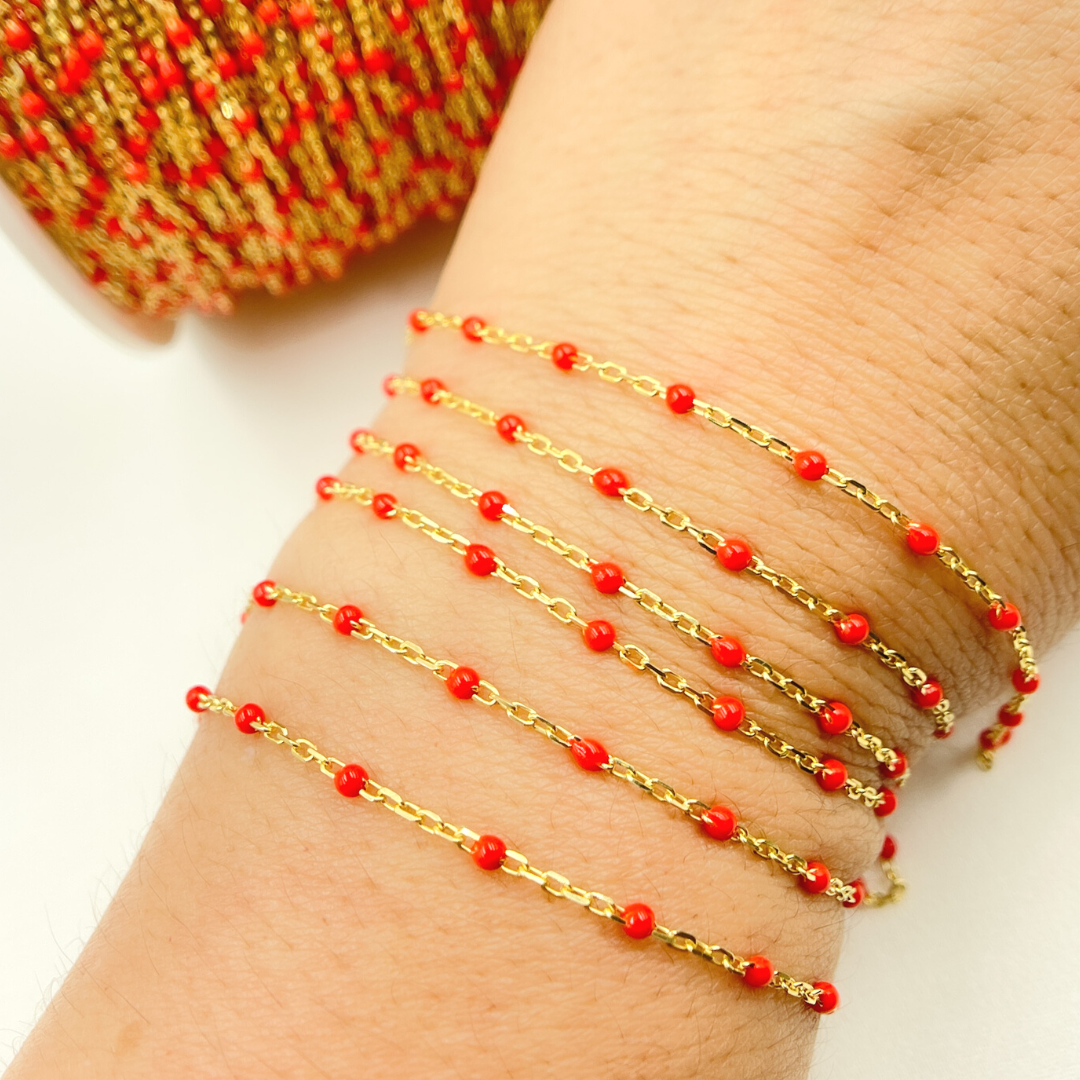 Gold Plated Sterling Silver Enamel Red Color Cable Chain