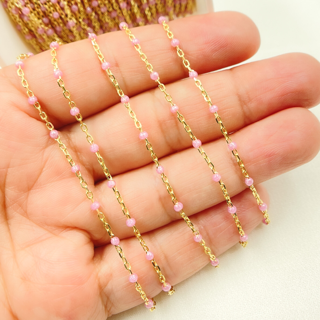 Gold Plated Sterling Silver Enamel Rose Color Cable Chain