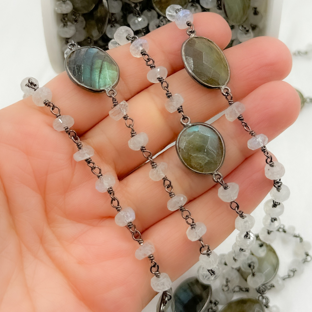 Rondel Moonstone & Coin Labradorite Oxidized 925 Sterling Silver Wire Chain.