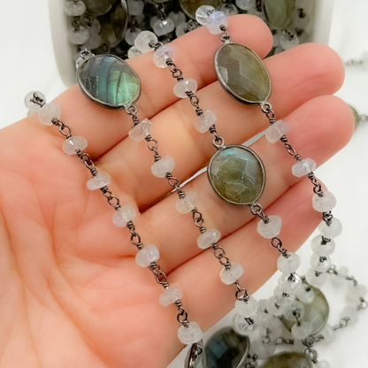 Rondel Moonstone & Coin Labradorite Oxidized 925 Sterling Silver Wire Chain.