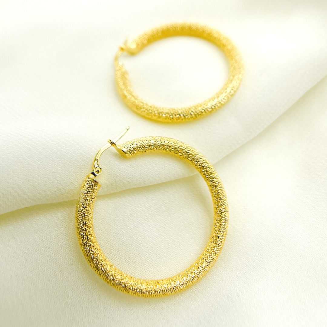 14K Solid Gold Earrings with Texture Circle Shape Hoop.